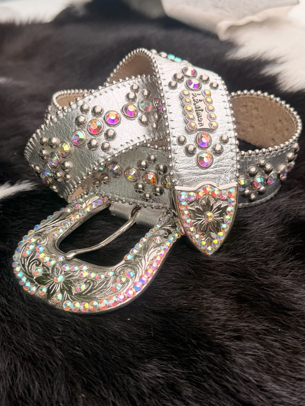 B.B. Simon Silver Rhinestone Studded Western Belt